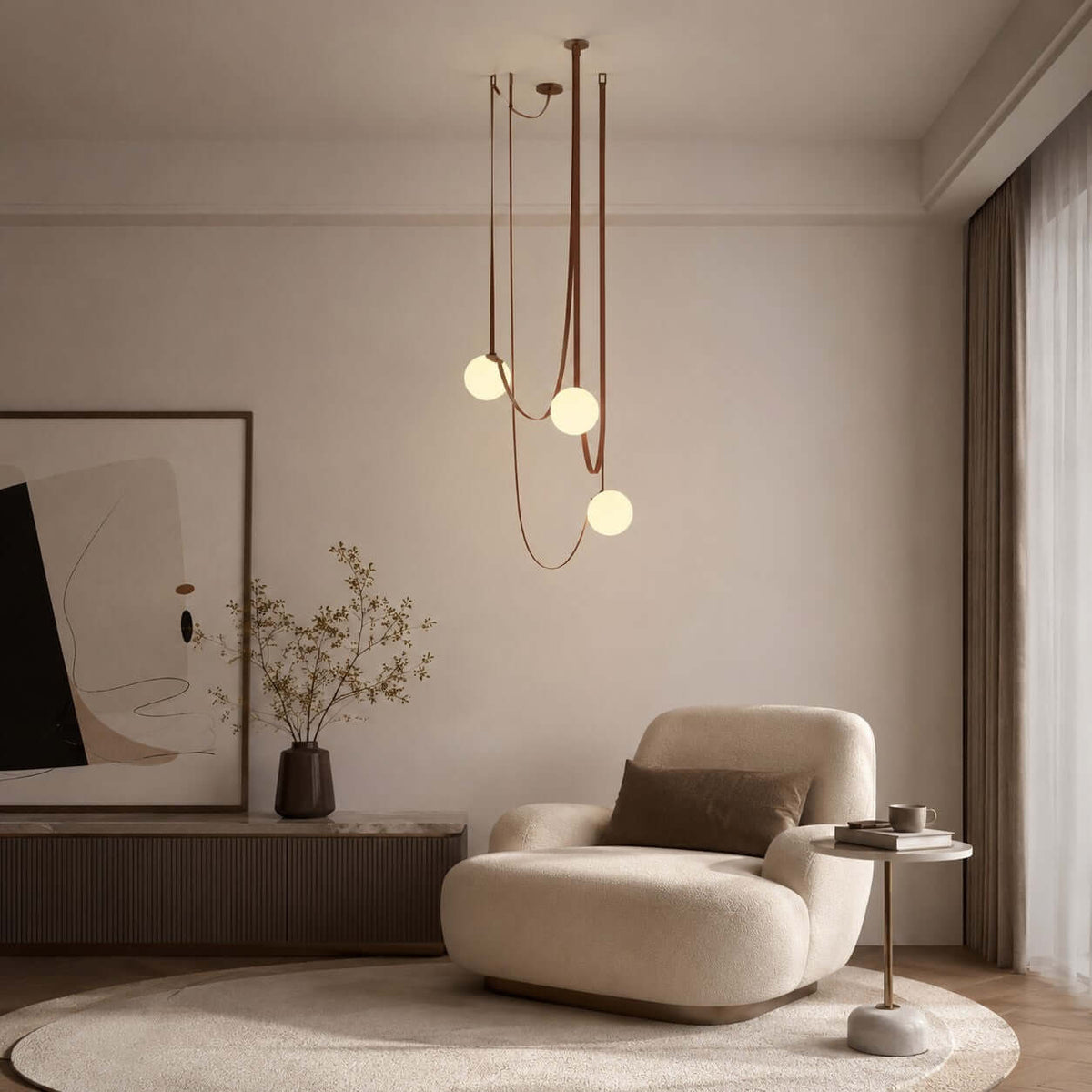 Modern ceiling light with an asymmetrical design and illuminated spheres