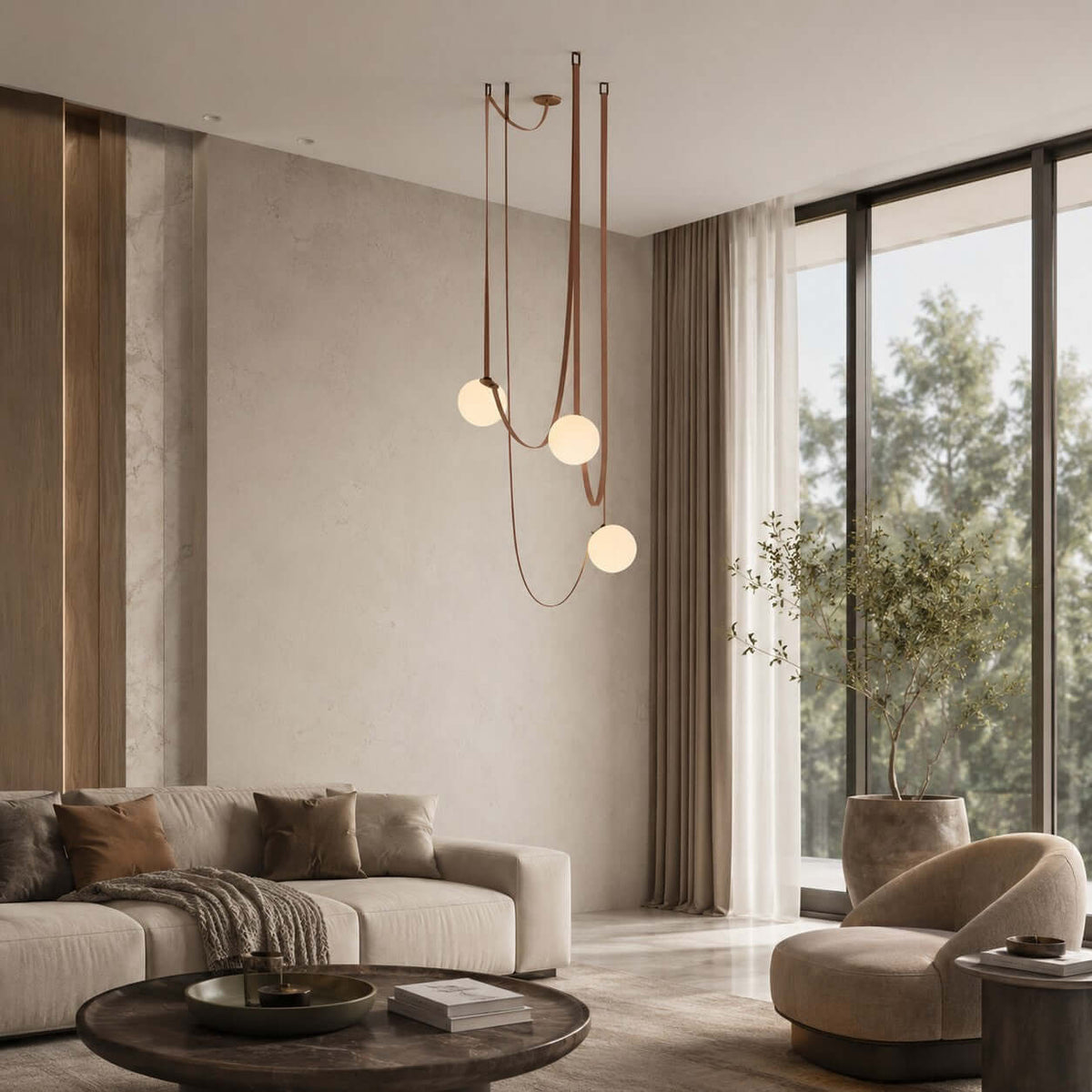 Modern ceiling light with an asymmetrical design and illuminated spheres