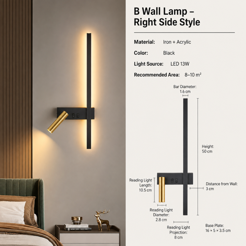 Lampa ścienna z pionową listwą i regulowanym reflektorem