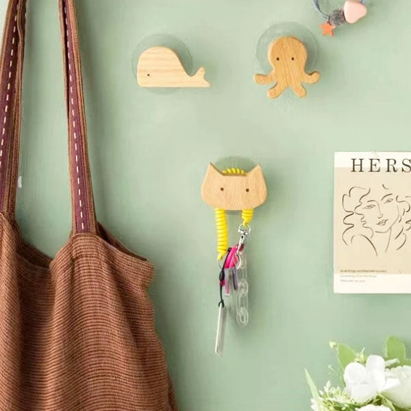 Wooden animal-shaped wall hook with adhesive base