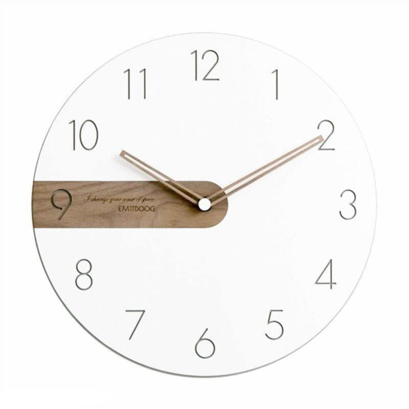 Round wall clock with white dial and wooden element