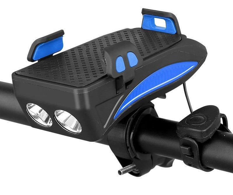 Bike phone holder with light, horn, and power bank