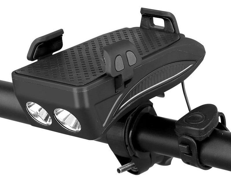 Bike phone holder with light, horn, and power bank