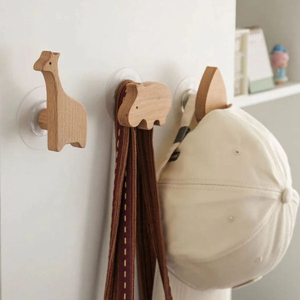 Wooden animal-shaped wall hook with adhesive base