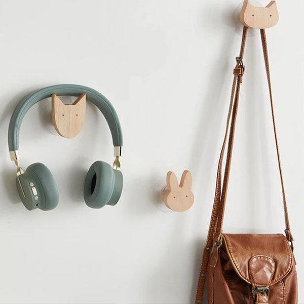 Wooden animal-shaped wall hook with adhesive base