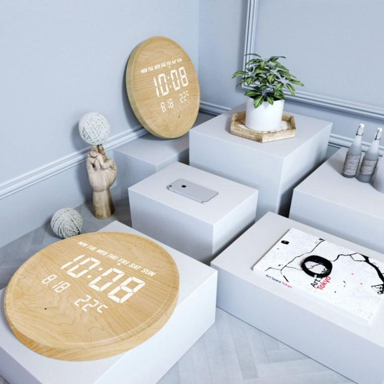 Round wall clock with digital time display