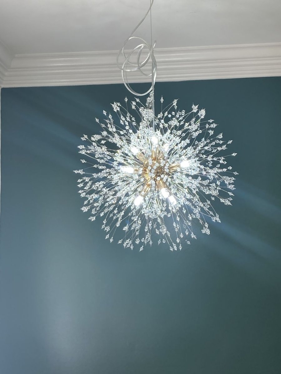 Nine-light Sputnik ceiling light for hallways with a crystal structure