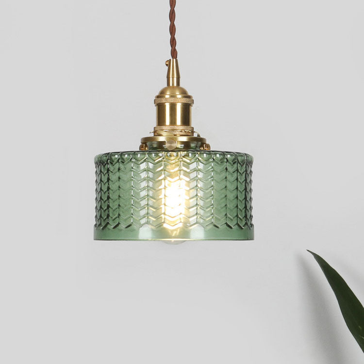 Ronde hanglamp van geribbeld glas en messing in Japanse stijl