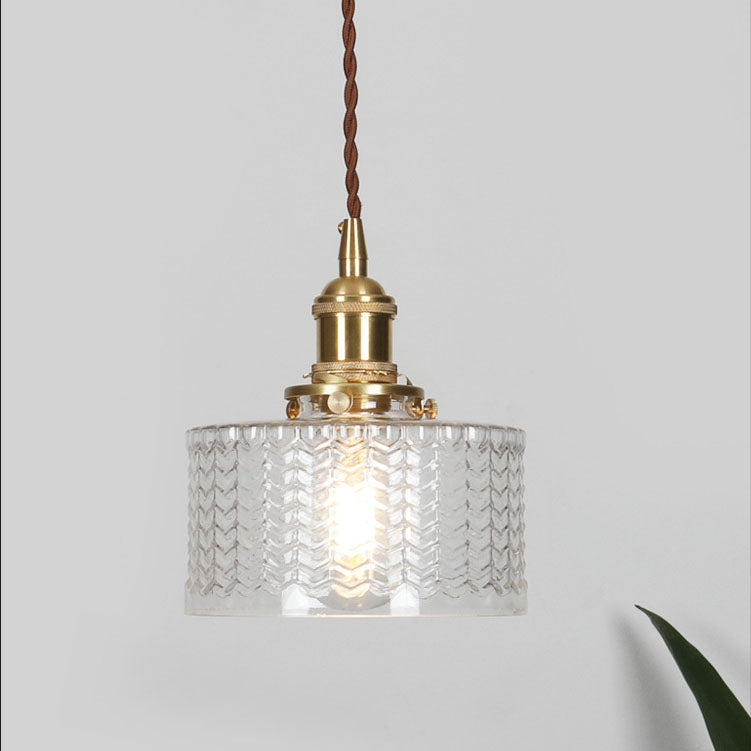 Ronde hanglamp van geribbeld glas en messing in Japanse stijl
