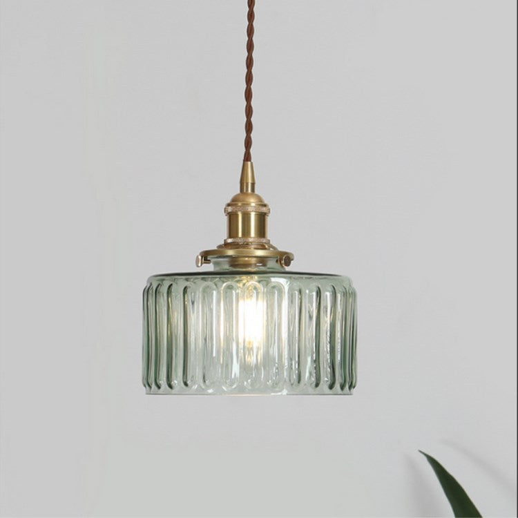 Ronde hanglamp van geribbeld glas en messing in Japanse stijl