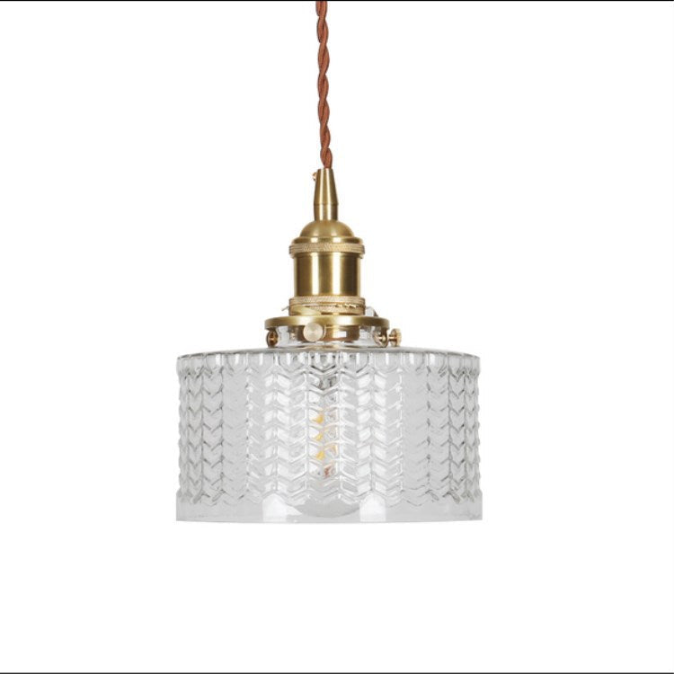 Ronde hanglamp van geribbeld glas en messing in Japanse stijl