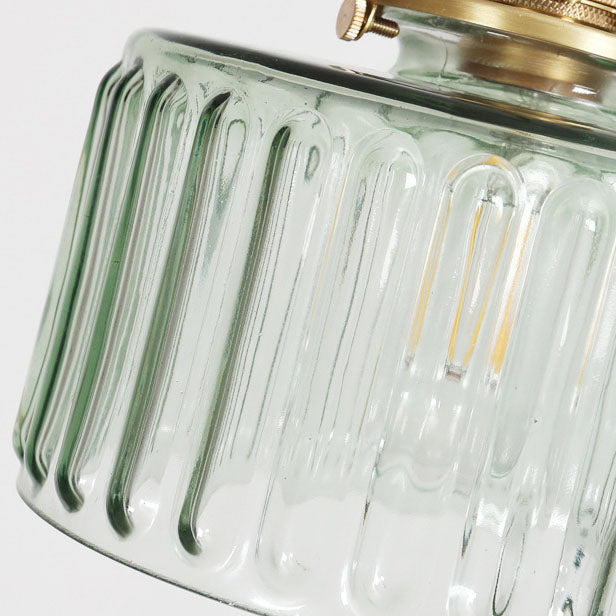 Ronde hanglamp van geribbeld glas en messing in Japanse stijl