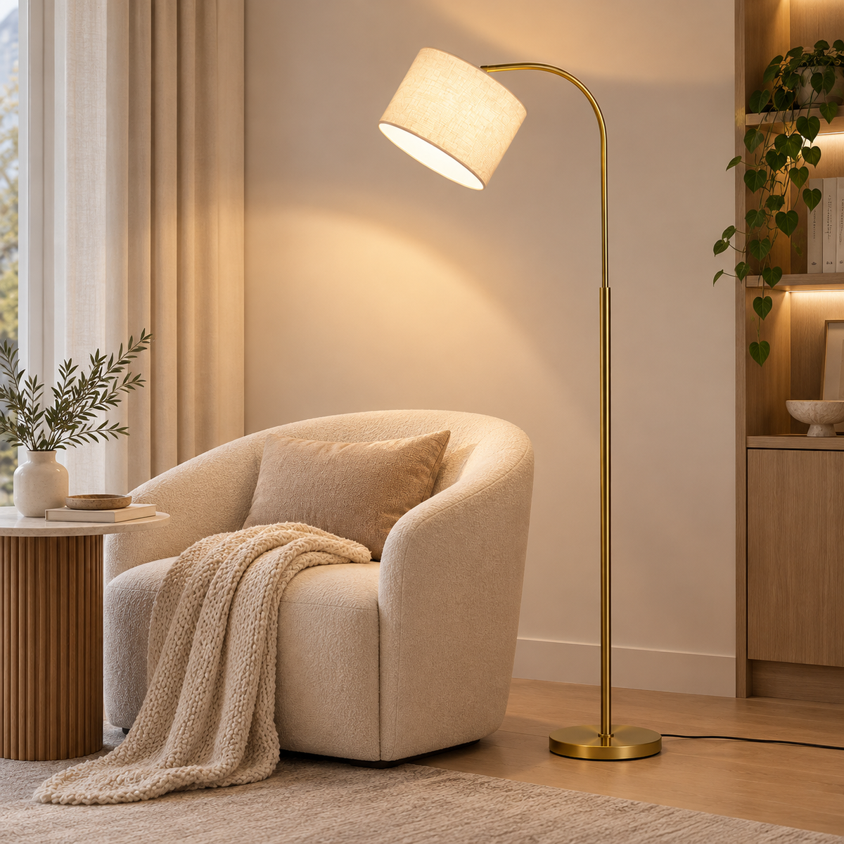 Mosiężna Lampa Podłogowa z Naturalnym Abażurem z Tkaniny