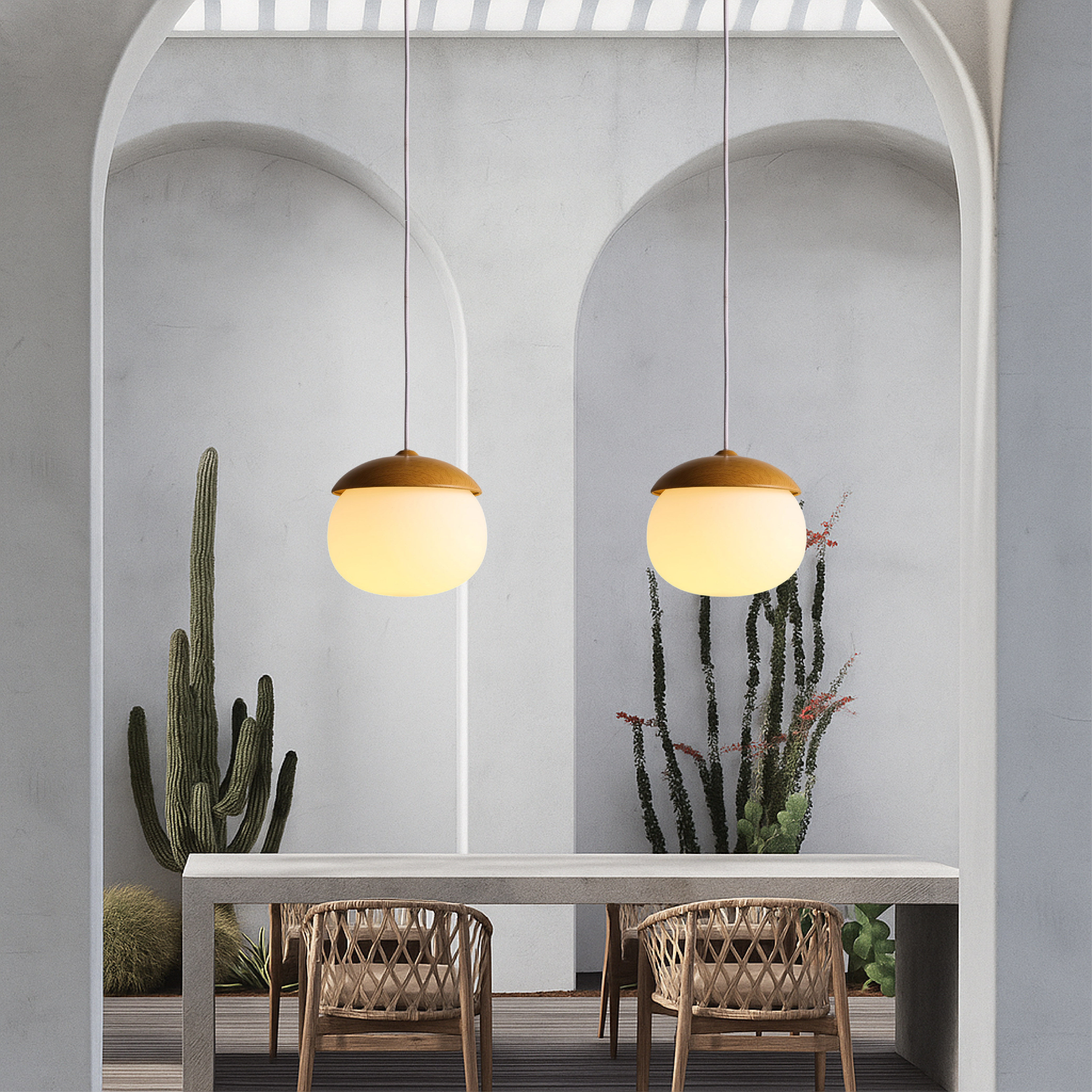 Skandynawska lampa wisząca z drewna w kształcie kuli