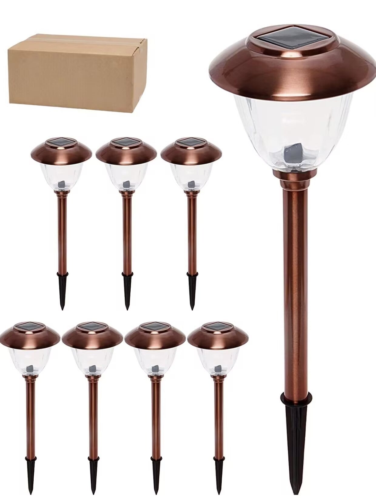 Zestaw ośmiu solarnych lamp ścieżkowych ze stali nierdzewnej
