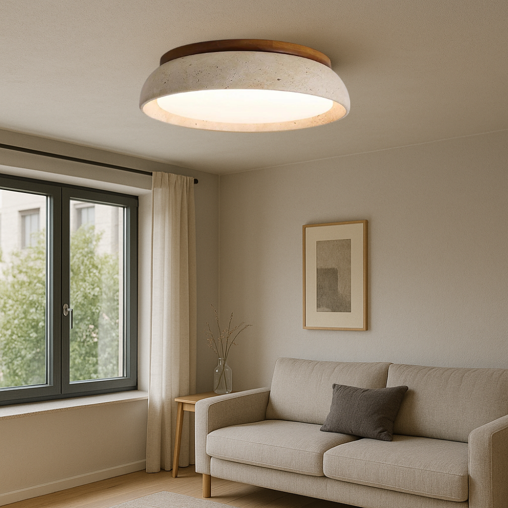 Minimalistyczna lampa sufitowa z trawertynu