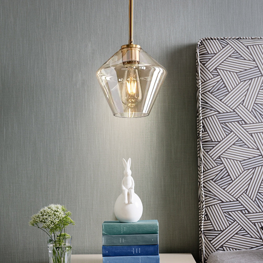 Hanglamp met glazen diamantvormige transparante amberkleurige kap