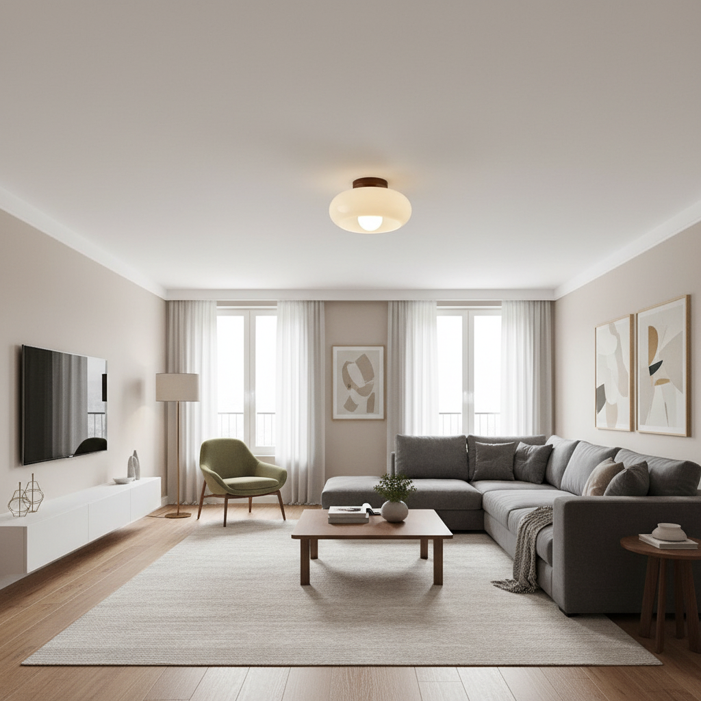 Cream Bauhaus ceiling light with a wooden base