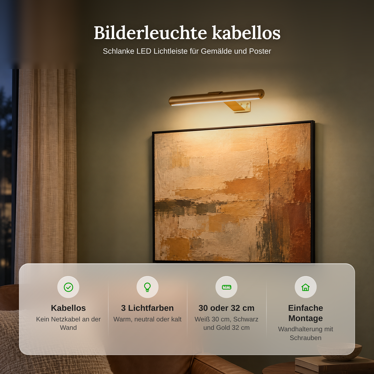 Bezprzewodowa Lampa LED nad Obraz z Montażem Ściennym