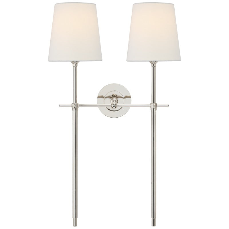 Lampa ścienna z tkaninowym kloszem i metalowym ramieniem