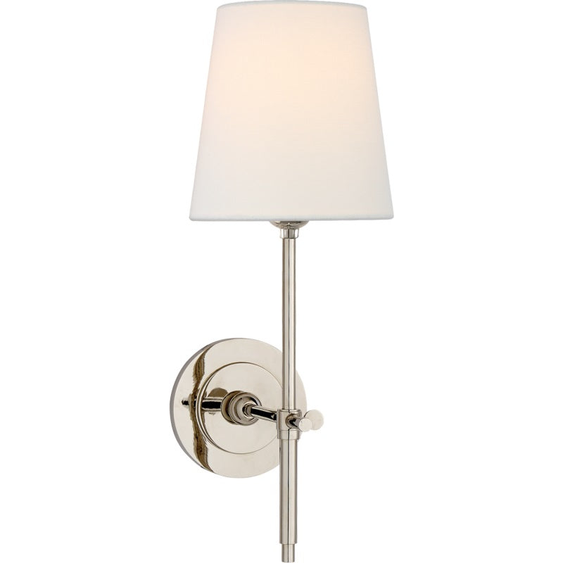 Lampa ścienna z tkaninowym kloszem i metalowym ramieniem