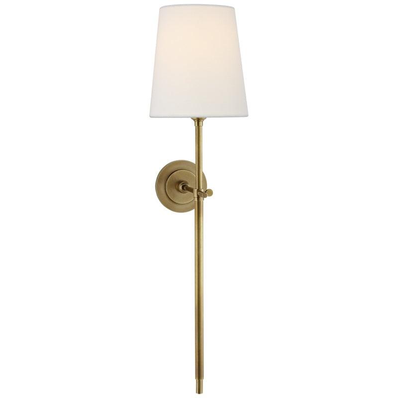 Lampa ścienna z tkaninowym kloszem i metalowym ramieniem