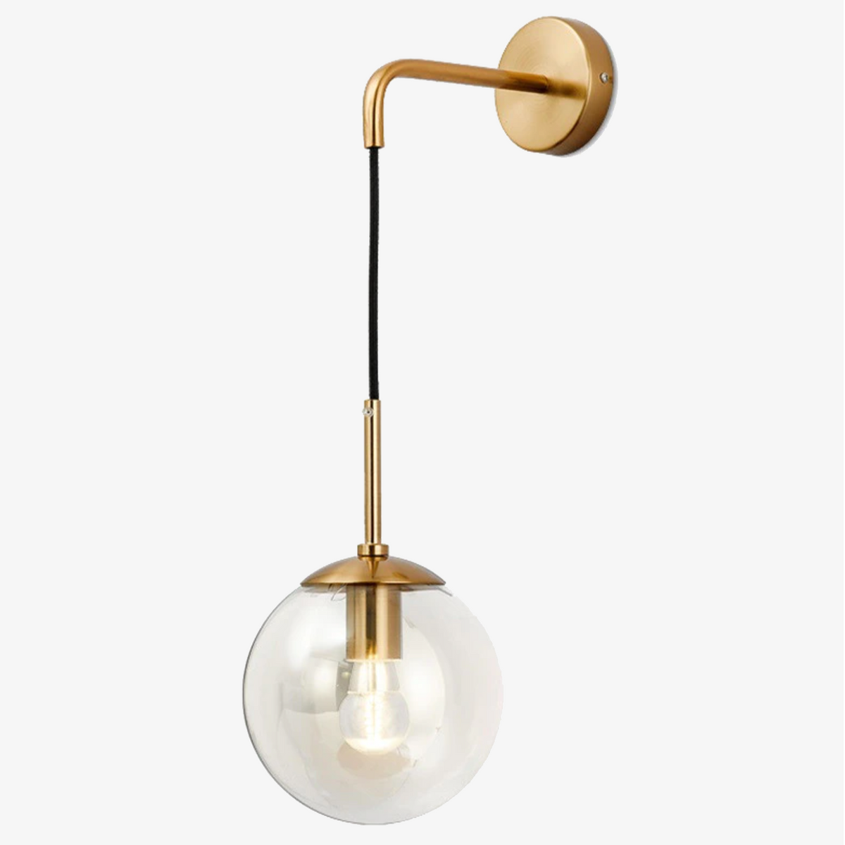 Hallway wall lamp with a hanging glass globe and curved arm