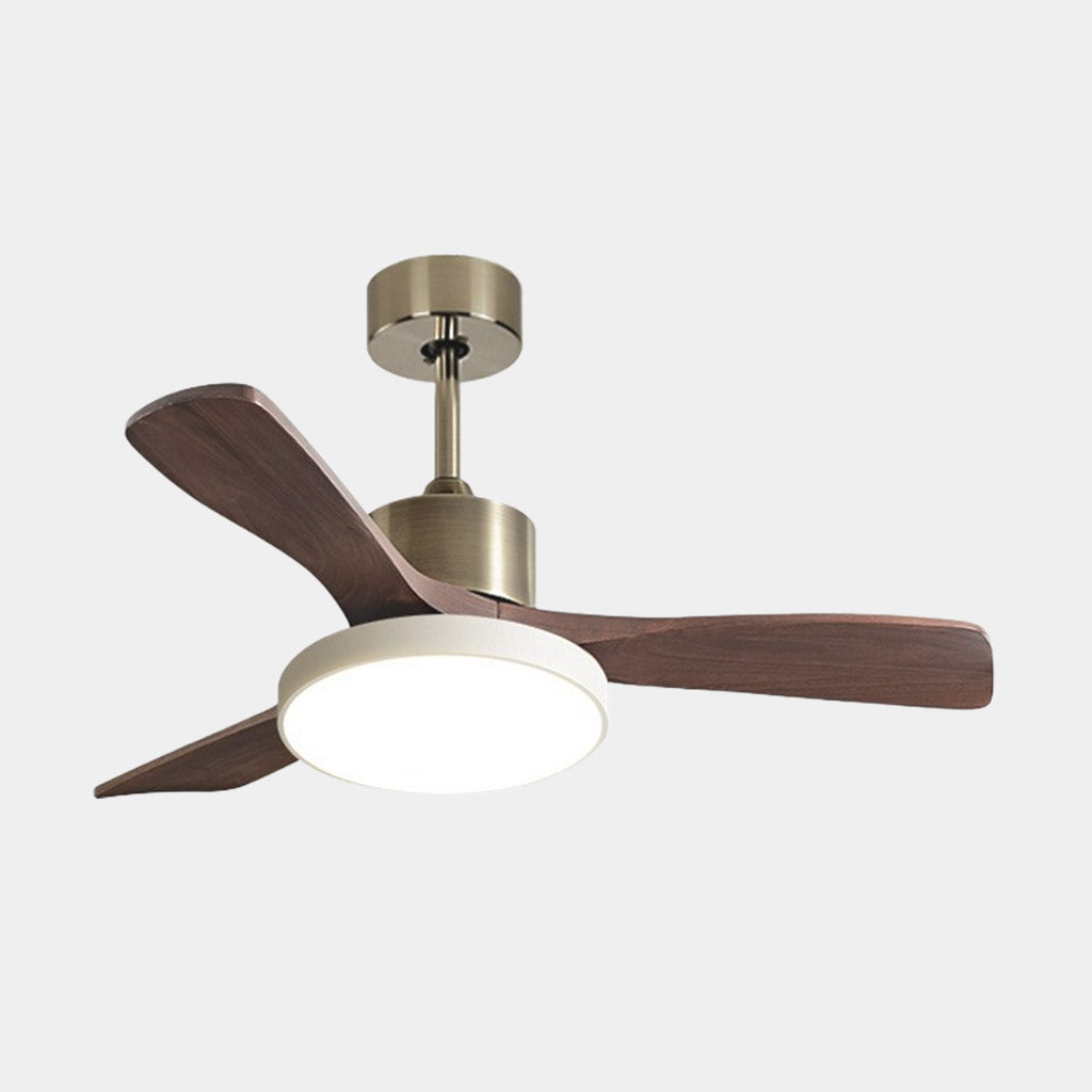 Ceiling fan with LED lighting and three wooden blades