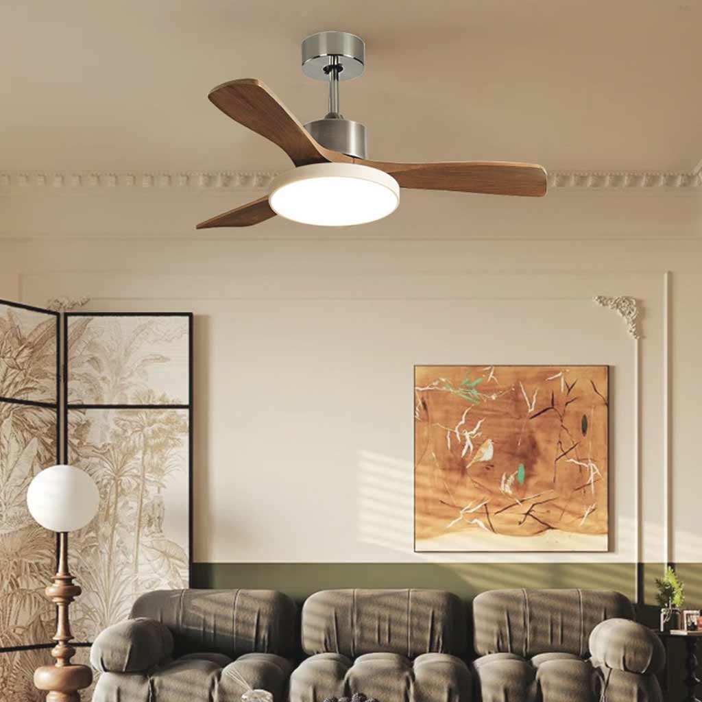 Ceiling fan with LED lighting and three wooden blades