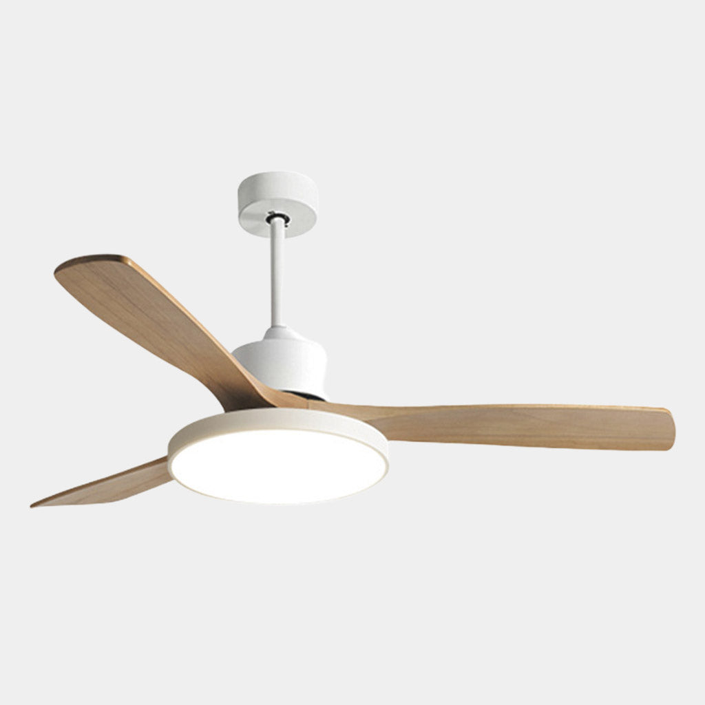 Ceiling fan with LED lighting and three wooden blades