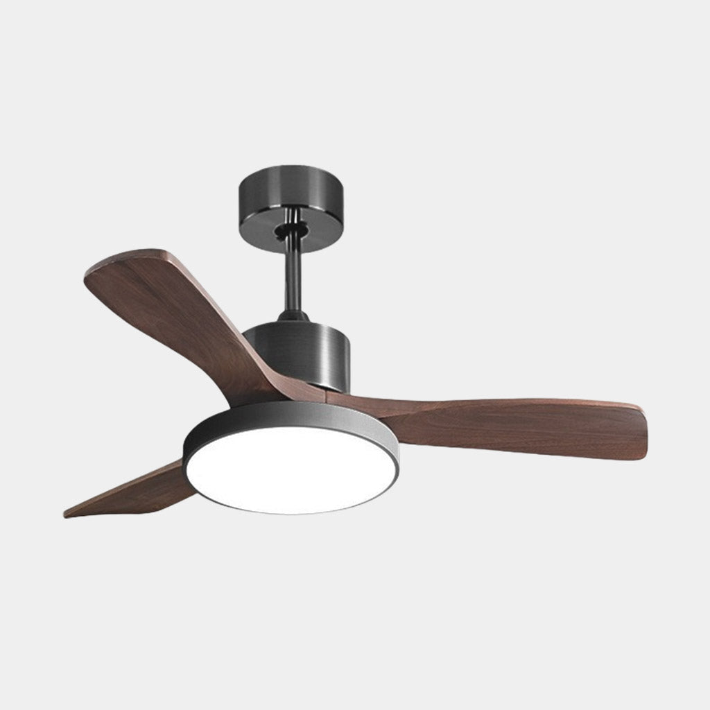 Ceiling fan with LED lighting and three wooden blades
