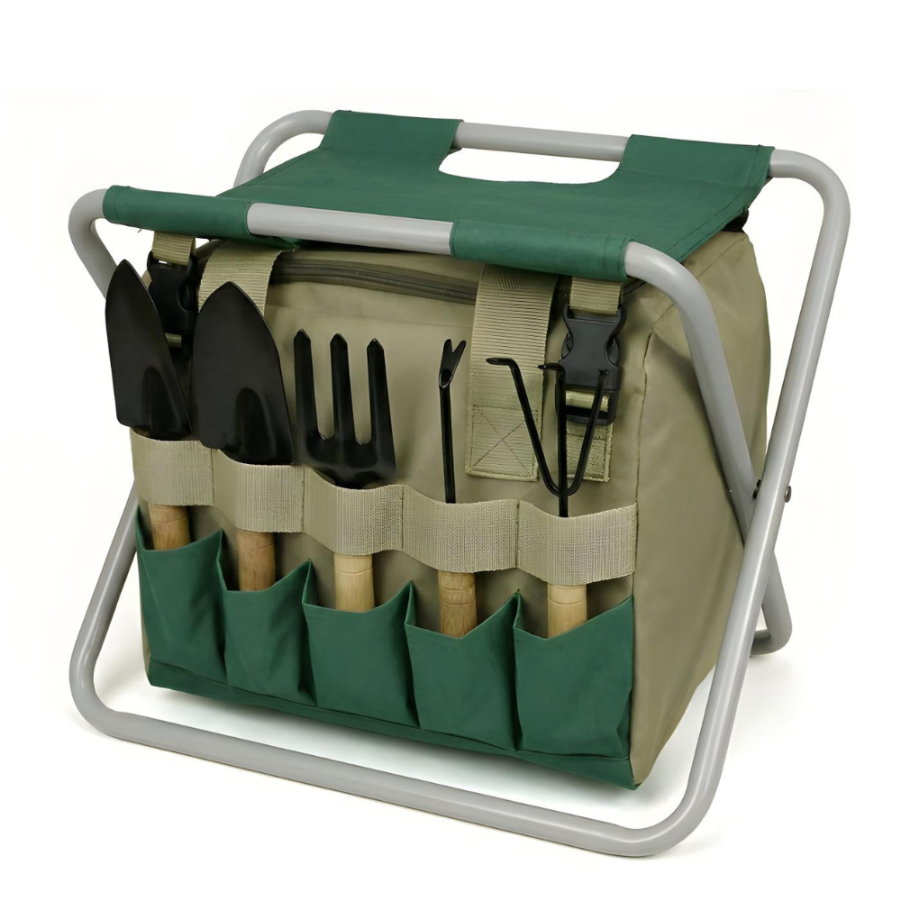 Garden tool set with bag and folding stool