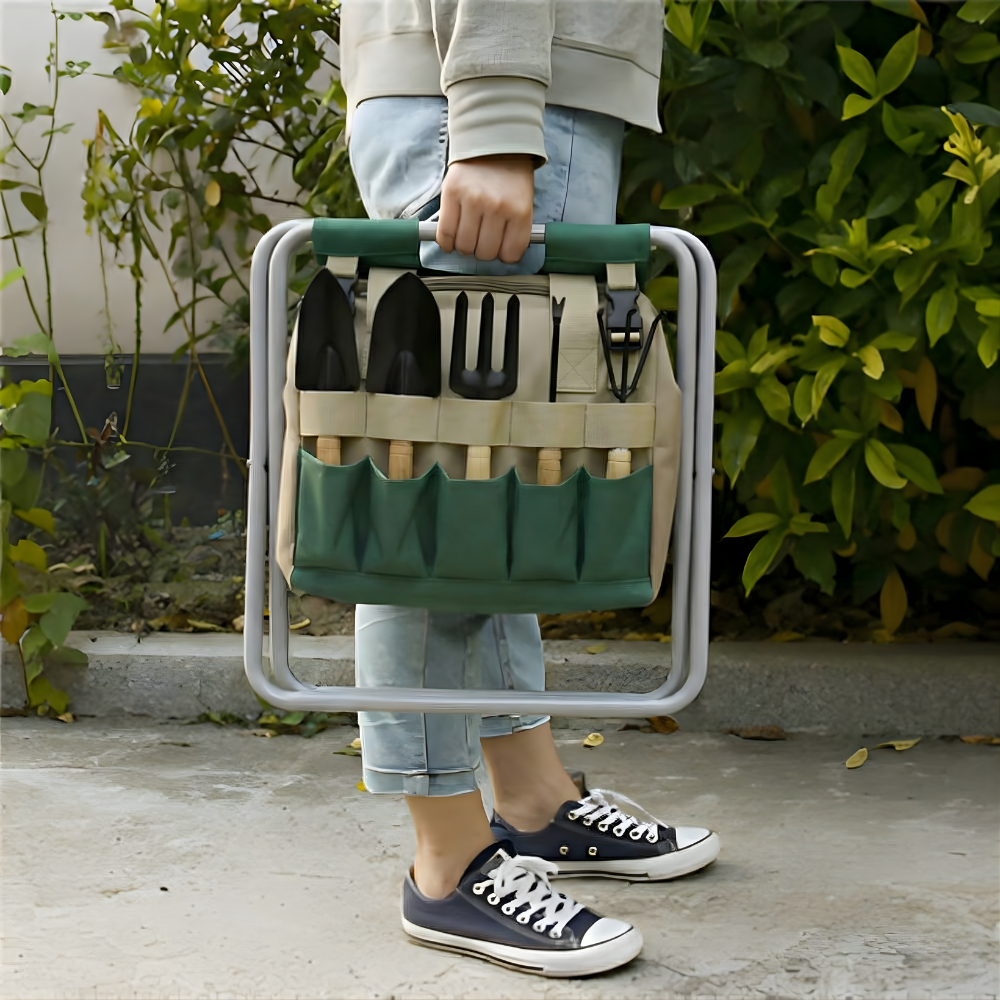 Tuingereedschapset met tas en inklapbaar krukje