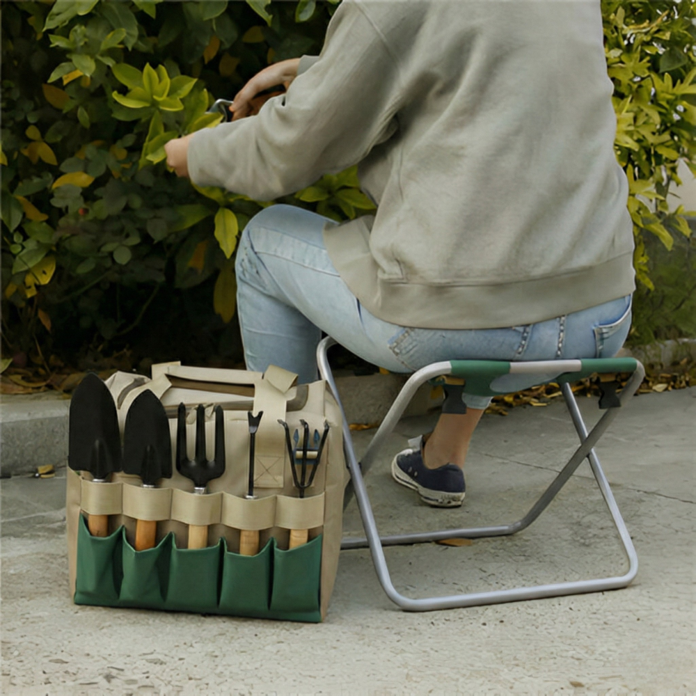Tuingereedschapset met tas en inklapbaar krukje