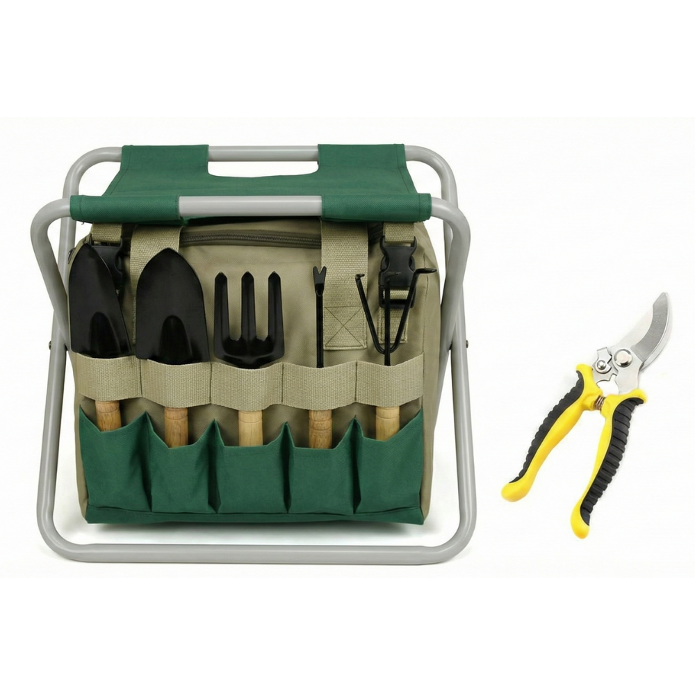 Garden tool set with bag and folding stool