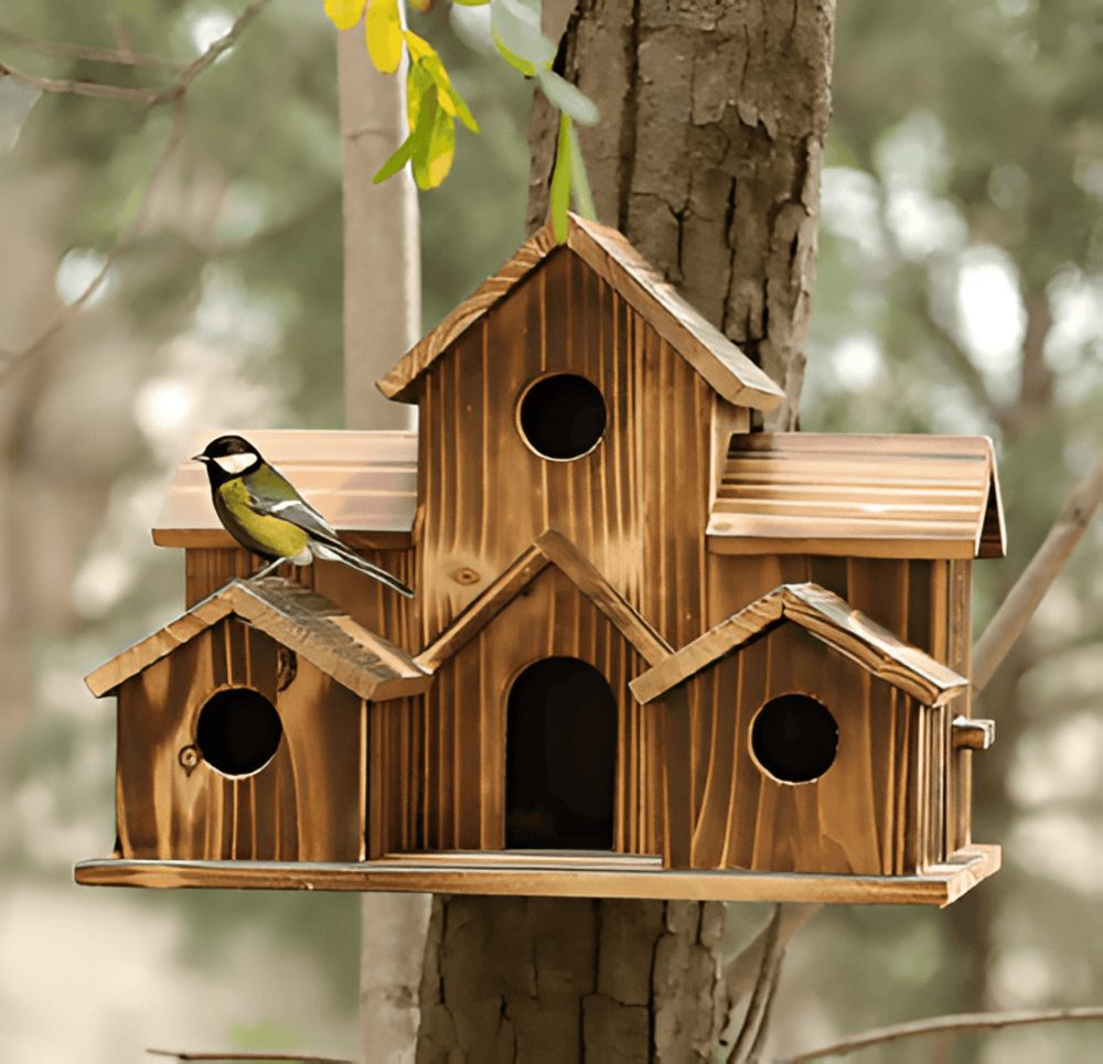 Houten vogelhuisje met meerdere nestkamers
