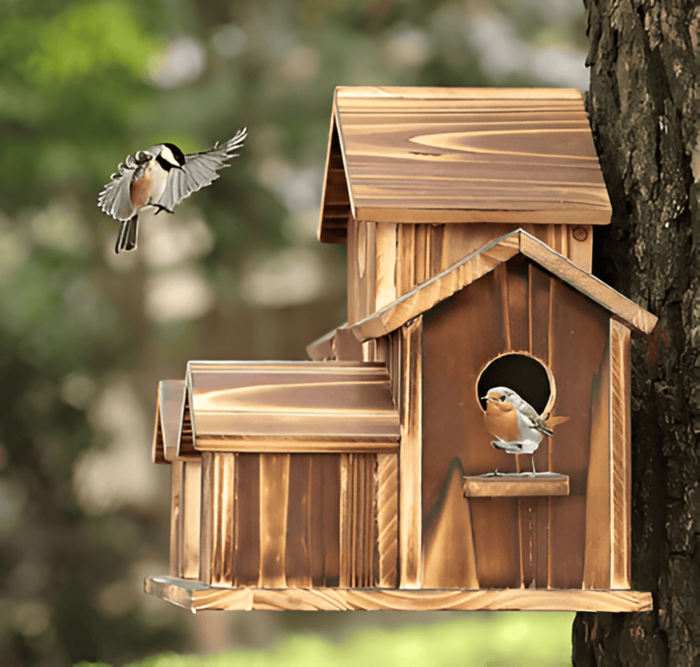 Houten vogelhuisje met meerdere nestkamers