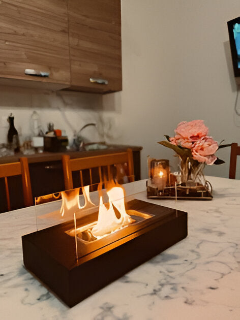 Rectangular tabletop bio fireplace with glass panels
