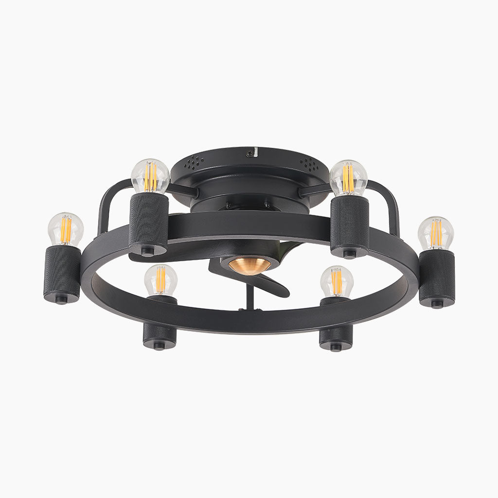 Zwarte plafondlamp met ventilator en zes fittingen