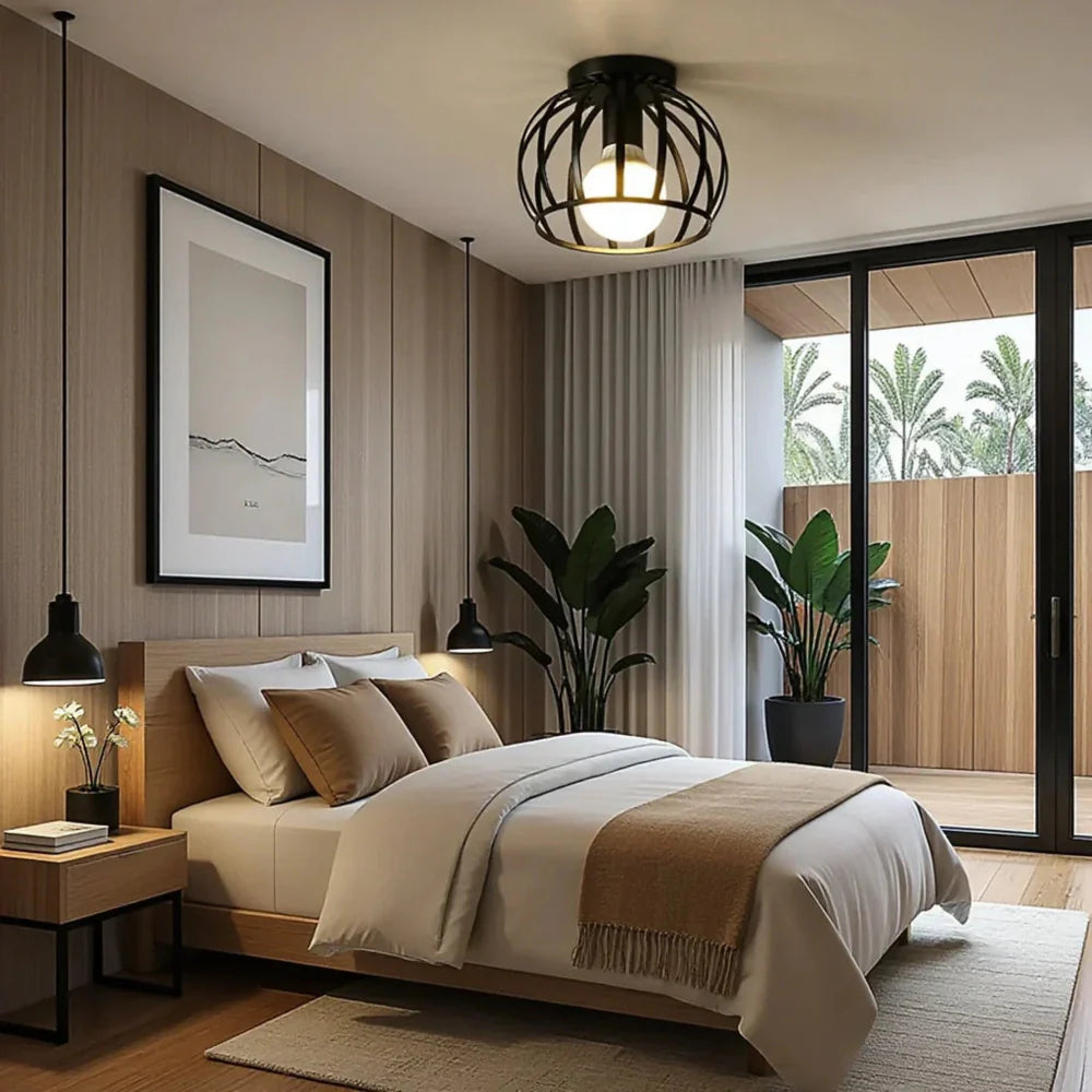 Przemysłowa czarna metalowa lampa sufitowa w stylu vintage