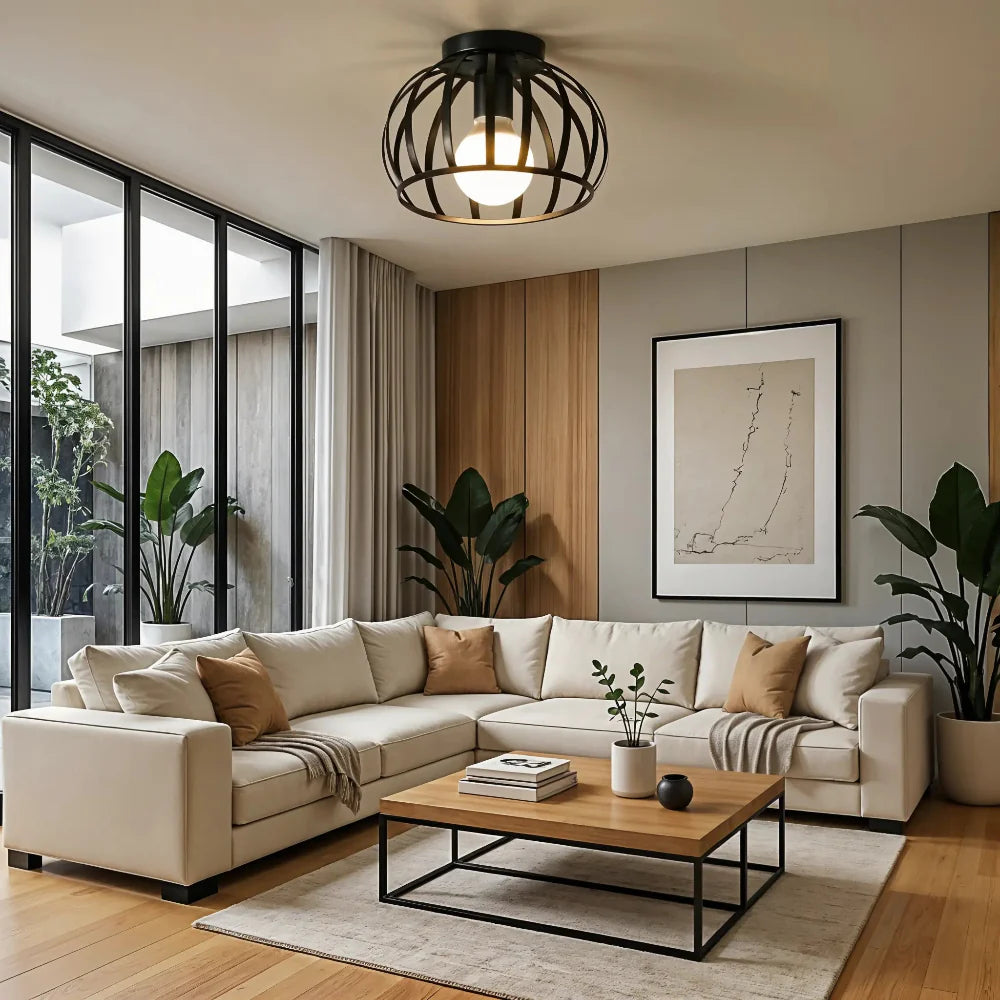 Przemysłowa czarna metalowa lampa sufitowa w stylu vintage