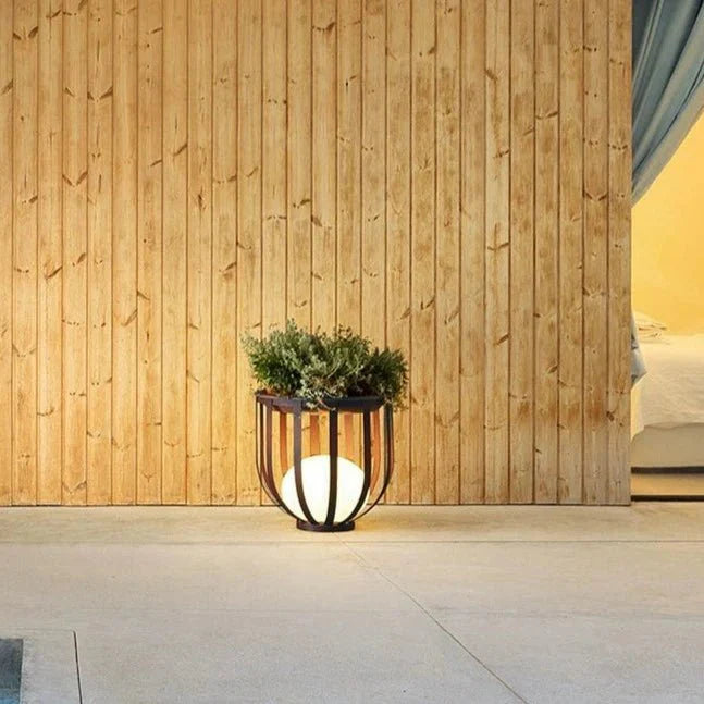 Outdoor floor lamp with cylindrical frame and tabletop