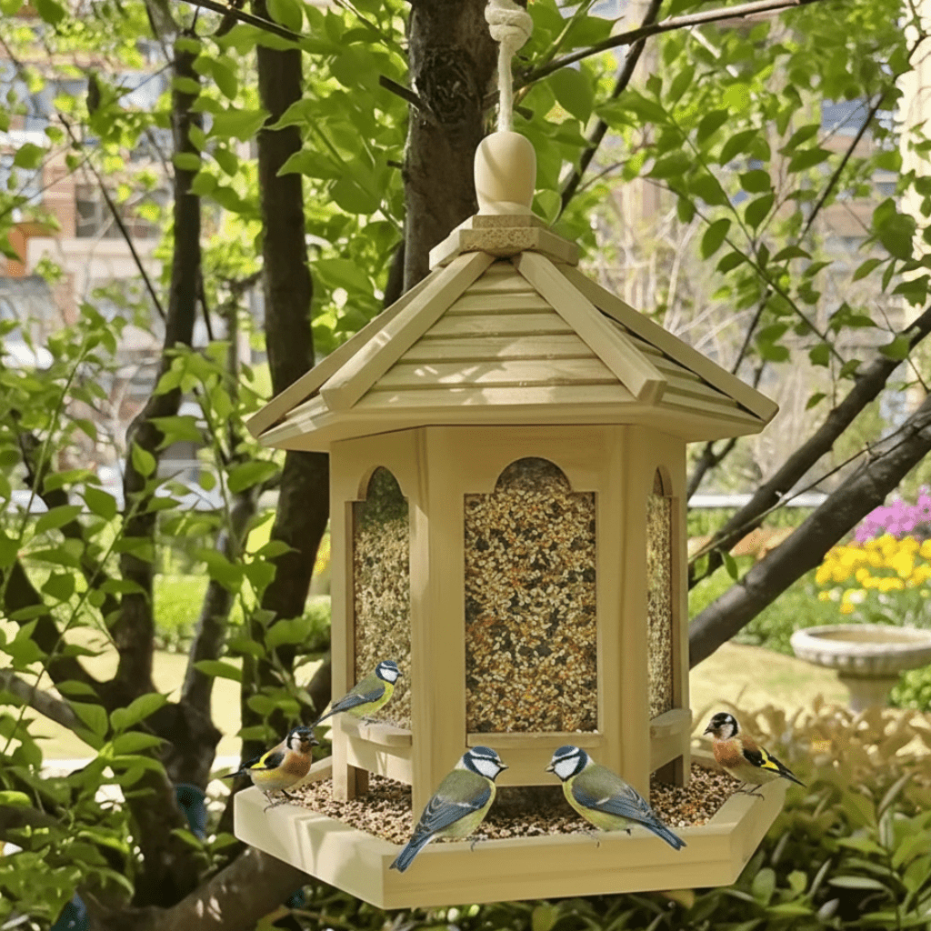 Houten hangende vogelvoeder huisje voor zaden