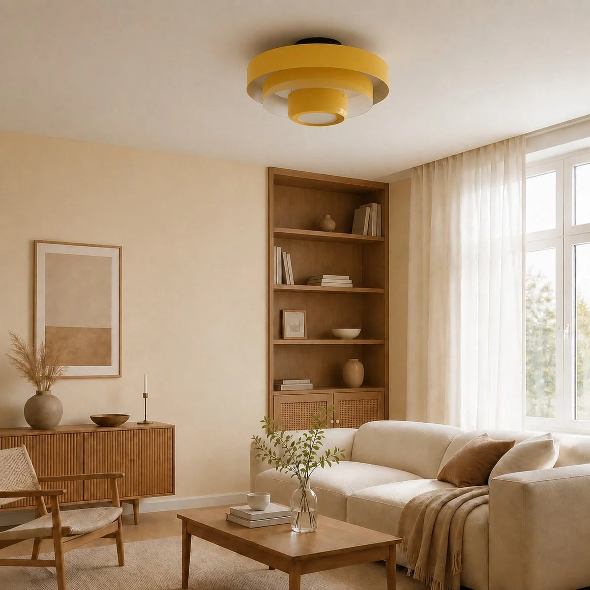 Okrągła lampa sufitowa Bauhaus do wnętrz Japandi