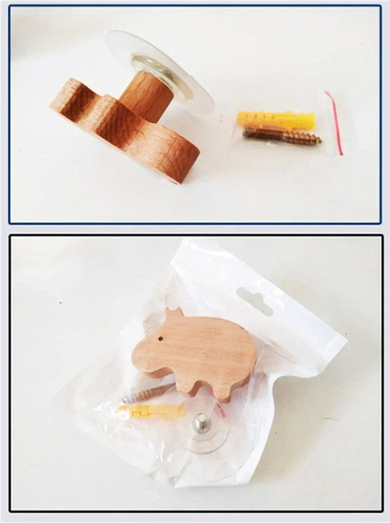 Wooden animal-shaped wall hook with adhesive base