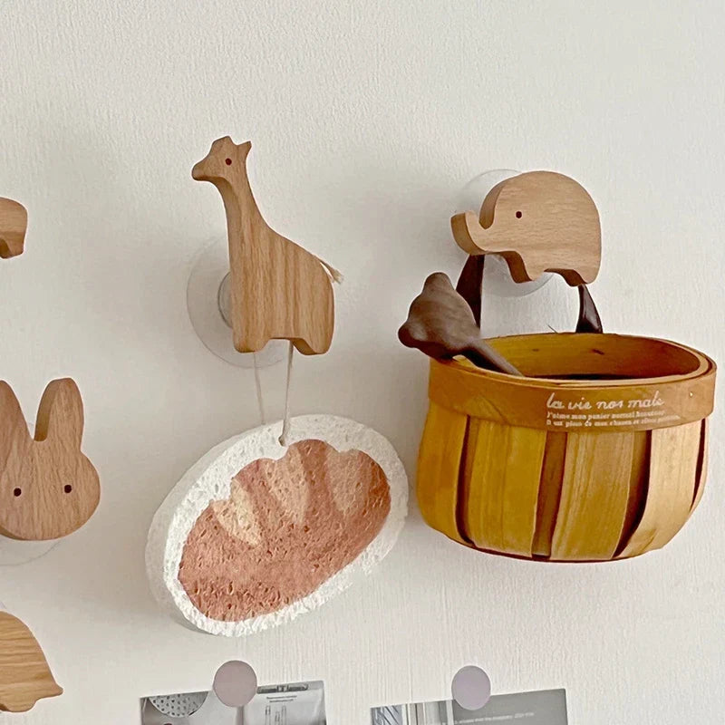 Wooden animal-shaped wall hook with adhesive base