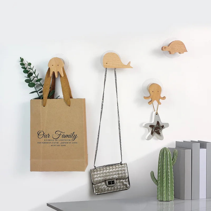 Wooden animal-shaped wall hook with adhesive base