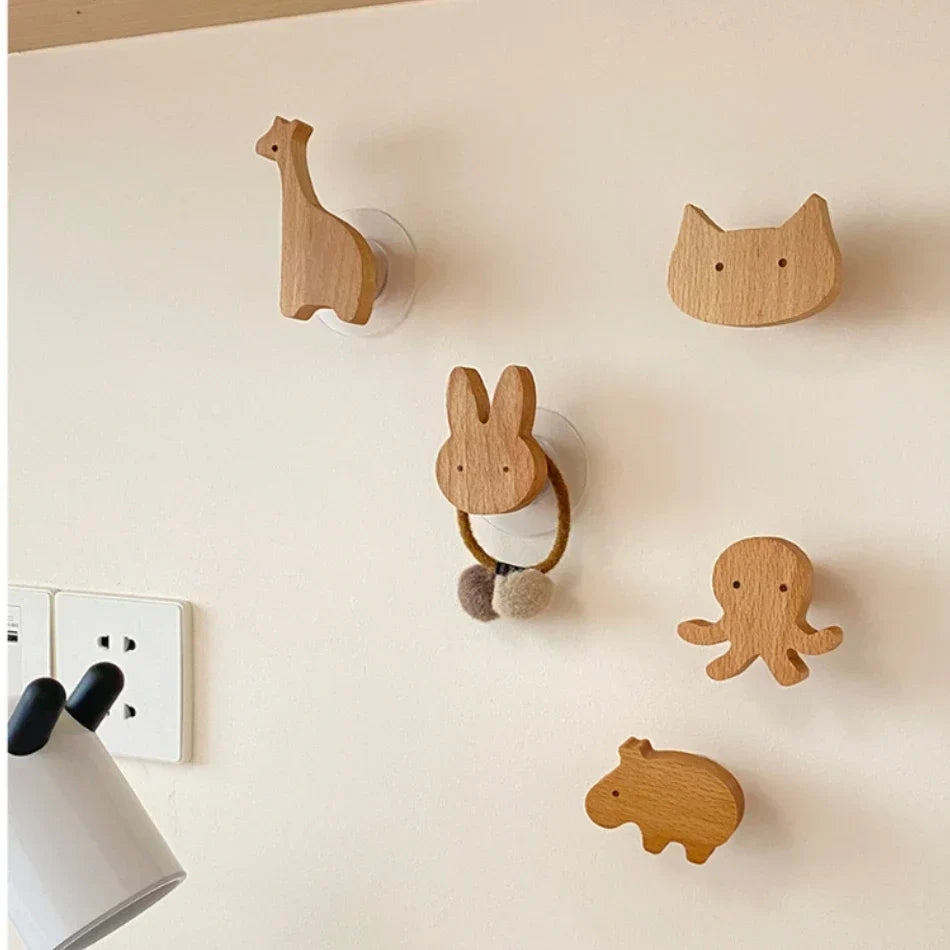 Wooden animal-shaped wall hook with adhesive base