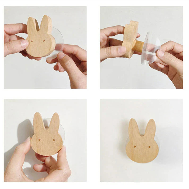 Wooden animal-shaped wall hook with adhesive base