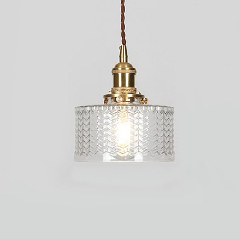 Ronde hanglamp van geribbeld glas en messing in Japanse stijl